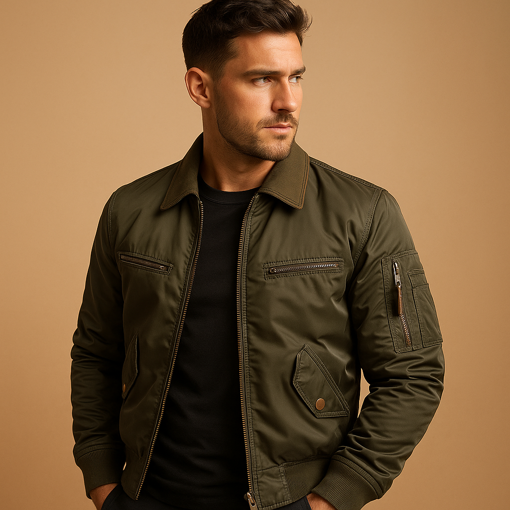 Men’s water-repellent bomber jacket with zip pockets and modern fit, perfect for casual and semi-formal looks.