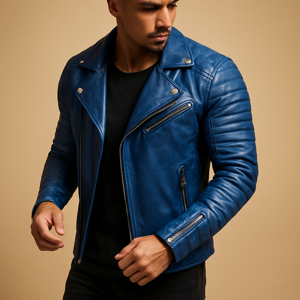 Waterproof biker jacket for men with soft lining and elegant finish, perfect for autumn, winter, and rainy weather.