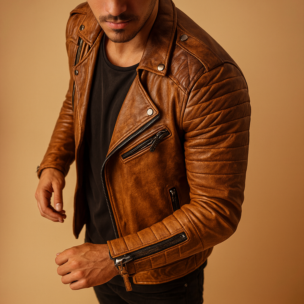 Waterproof biker jacket for men with soft lining and elegant finish, perfect for autumn, winter, and rainy weather.