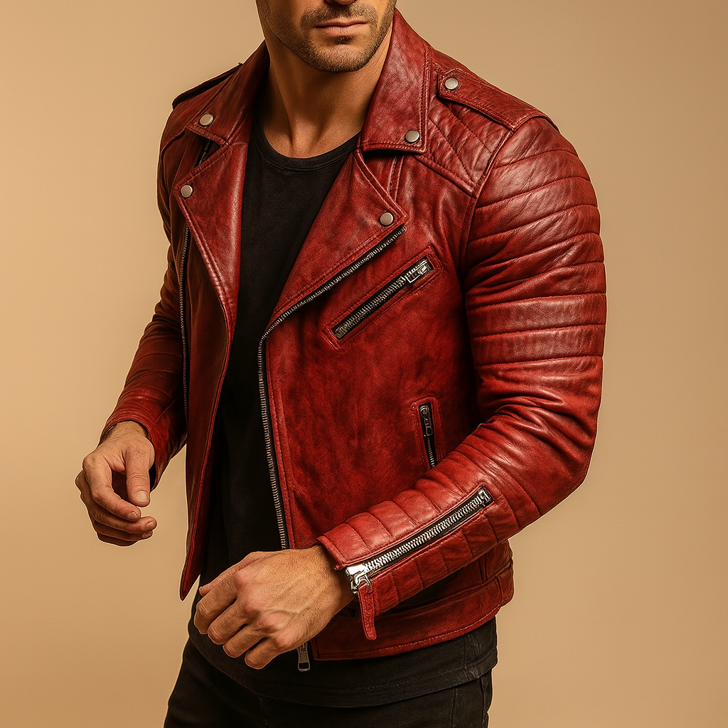 Waterproof biker jacket for men with soft lining and elegant finish, perfect for autumn, winter, and rainy weather.