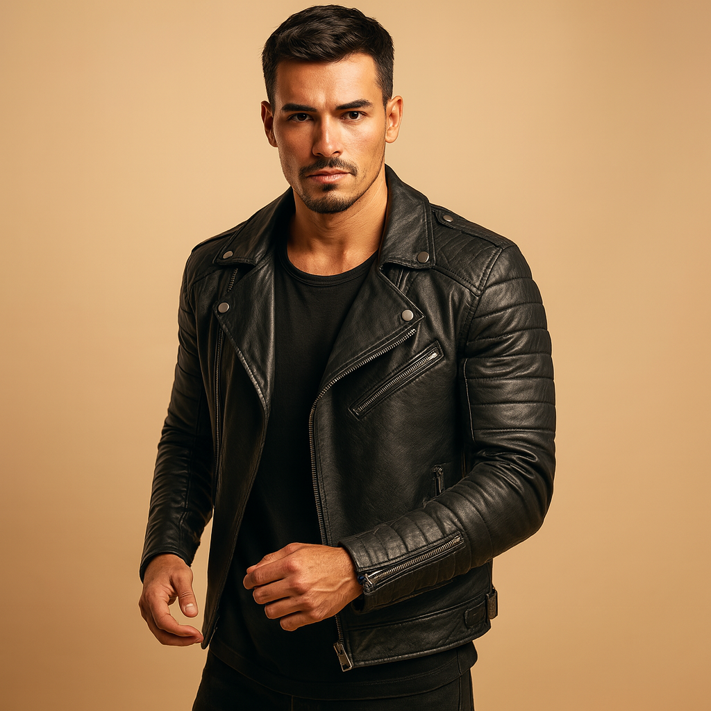 Waterproof biker jacket for men with soft lining and elegant finish, perfect for autumn, winter, and rainy weather.