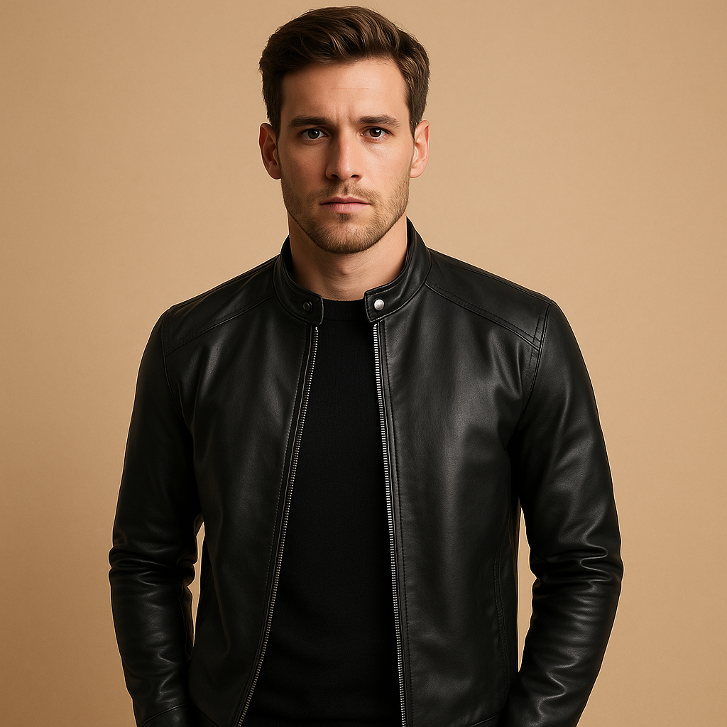Men’s waterproof biker jacket in classic black with tailored fit and soft inner lining, perfect for motorcycle rides and daily wear.