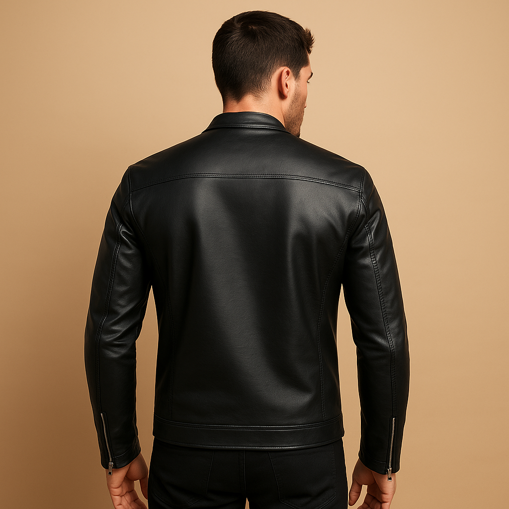 Men’s waterproof biker jacket in classic black with tailored fit and soft inner lining, perfect for motorcycle rides and daily wear.