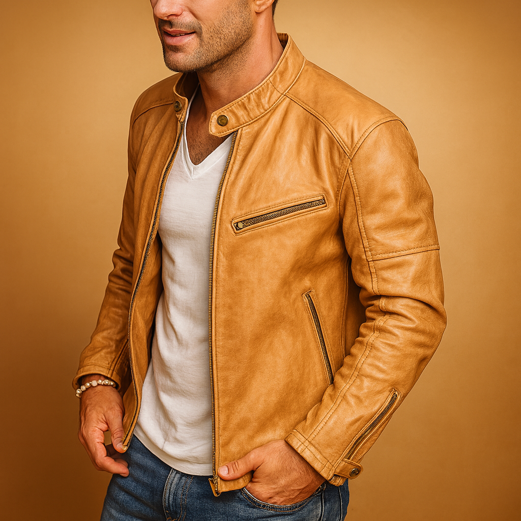 Men’s waterproof biker jacket with zipper closure and tailored fit, stylish and protective for city wear and rainy weather.