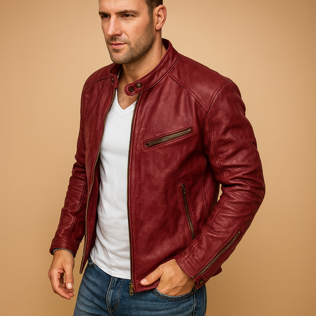 Men’s waterproof biker jacket with zipper closure and tailored fit, stylish and protective for city wear and rainy weather.