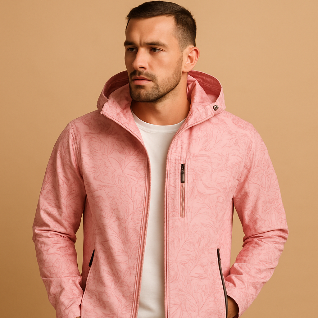 Men’s waterproof jacket with adjustable hood, breathable fabric, and subtle leaf pattern, perfect for outdoor and everyday wear.