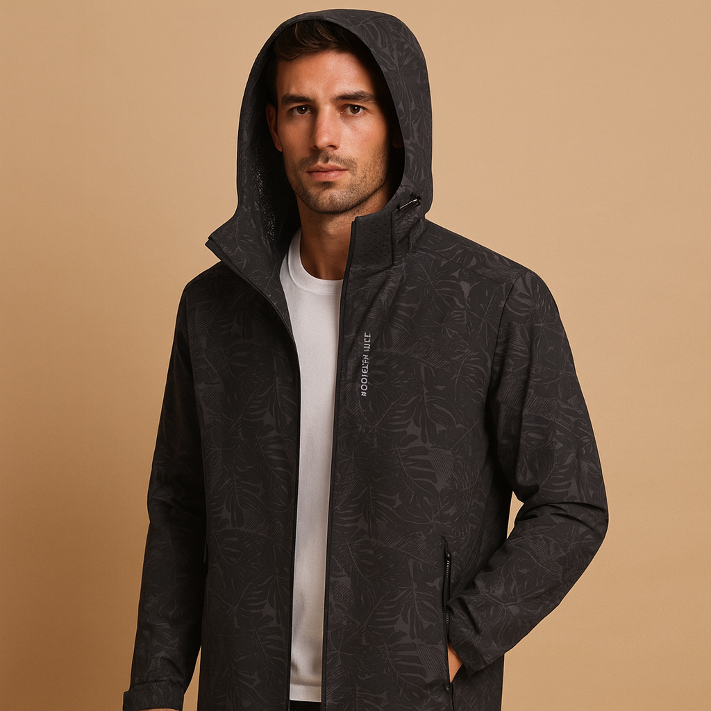 Men’s waterproof jacket with adjustable hood, breathable fabric, and subtle leaf pattern, perfect for outdoor and everyday wear.
