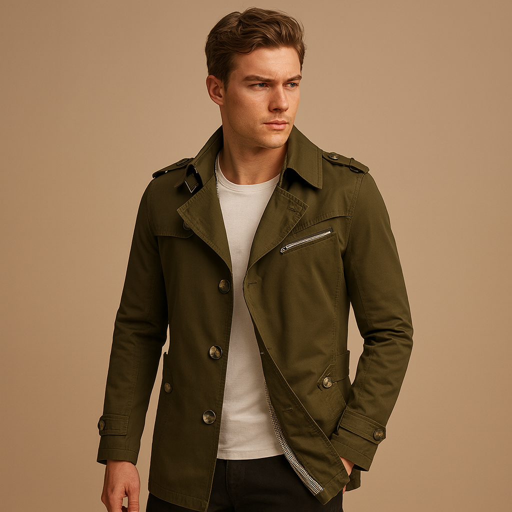 Men’s waterproof trench coat with classic double-breasted design, perfect for work, formal events, and casual wear in any season.