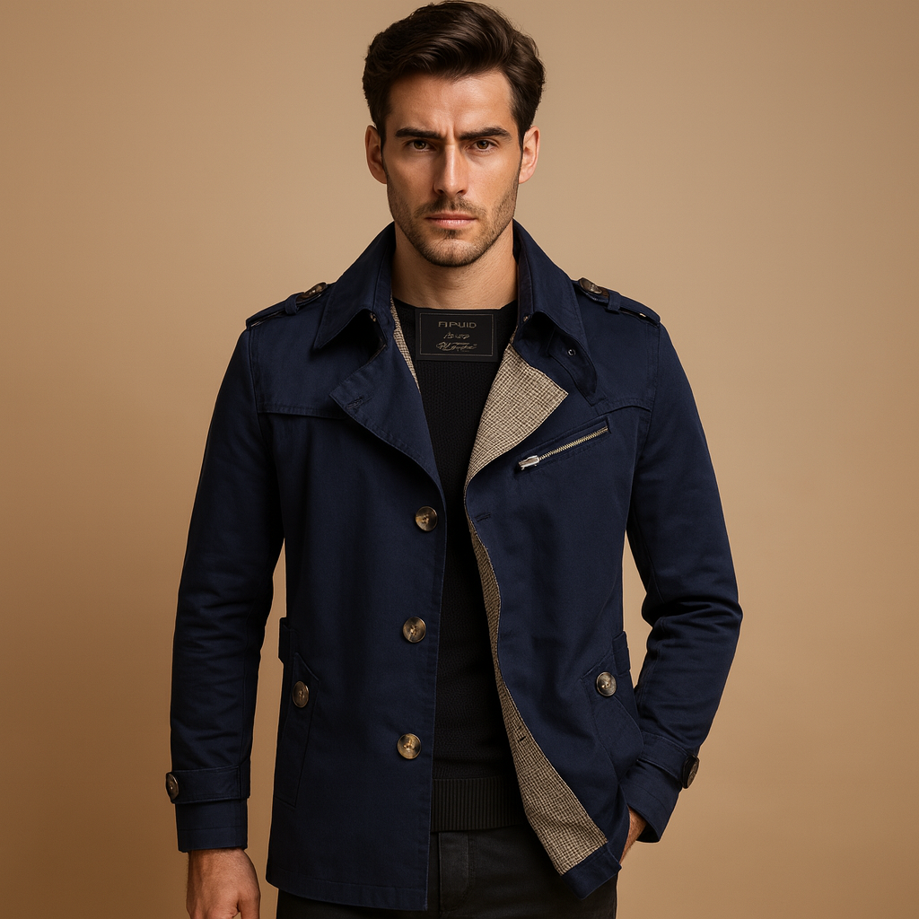 Men’s waterproof trench coat with classic double-breasted design, perfect for work, formal events, and casual wear in any season.