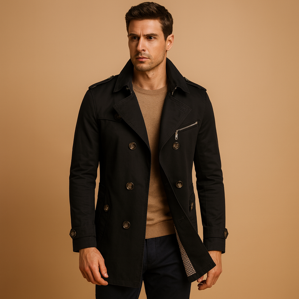 Men’s waterproof trench coat with classic double-breasted design, perfect for work, formal events, and casual wear in any season.