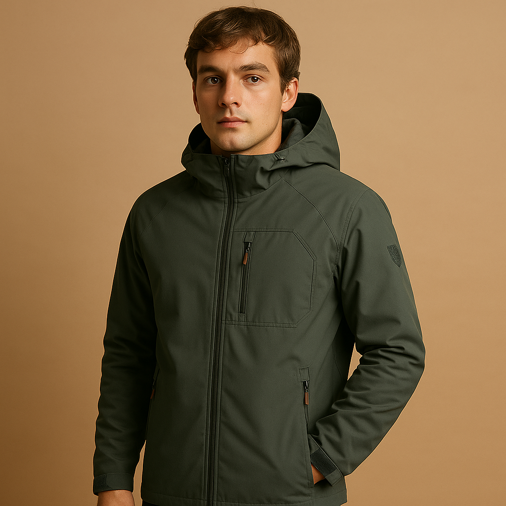 Men’s waterproof and breathable windbreaker jacket with zip pockets, ideal for outdoor activities, sports, and everyday wear.