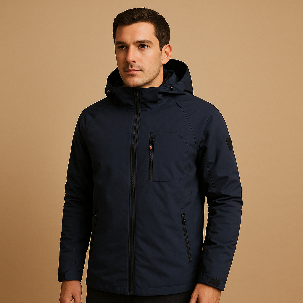 Men’s waterproof and breathable windbreaker jacket with zip pockets, ideal for outdoor activities, sports, and everyday wear.