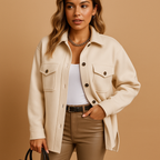 Women’s waterproof windproof jacket with button closure, folded collar, and practical pockets. Available in White, Beige, Brown, Khaki, Black, Dark Blue, Blue, and Yellow.