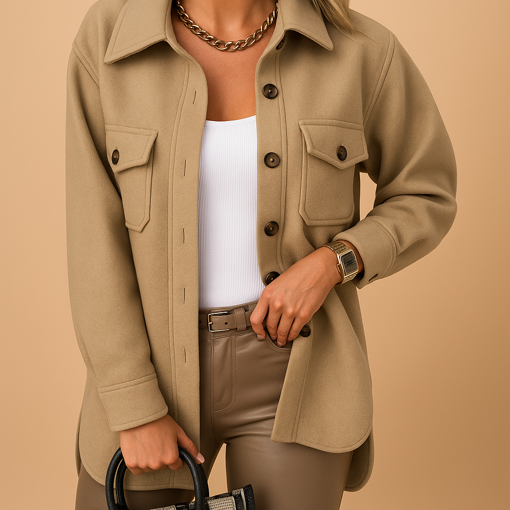 Women’s waterproof windproof jacket with button closure, folded collar, and practical pockets. Available in White, Beige, Brown, Khaki, Black, Dark Blue, Blue, and Yellow.