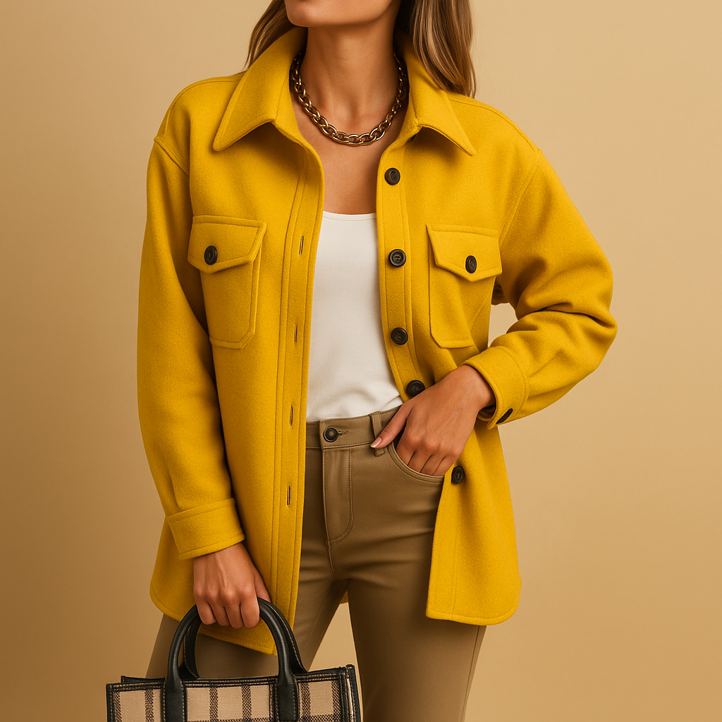 Women’s waterproof windproof jacket with button closure, folded collar, and practical pockets. Available in White, Beige, Brown, Khaki, Black, Dark Blue, Blue, and Yellow.
