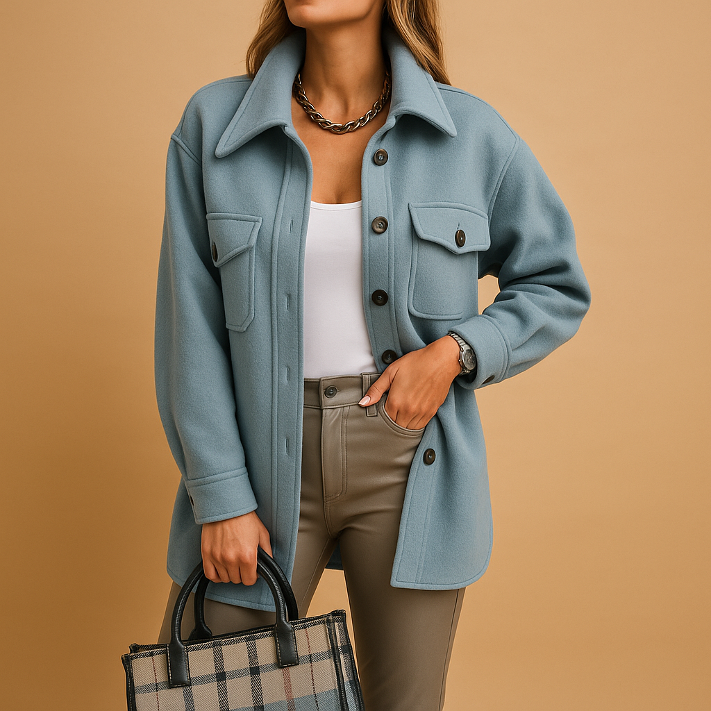 Women’s waterproof windproof jacket with button closure, folded collar, and practical pockets. Available in White, Beige, Brown, Khaki, Black, Dark Blue, Blue, and Yellow.