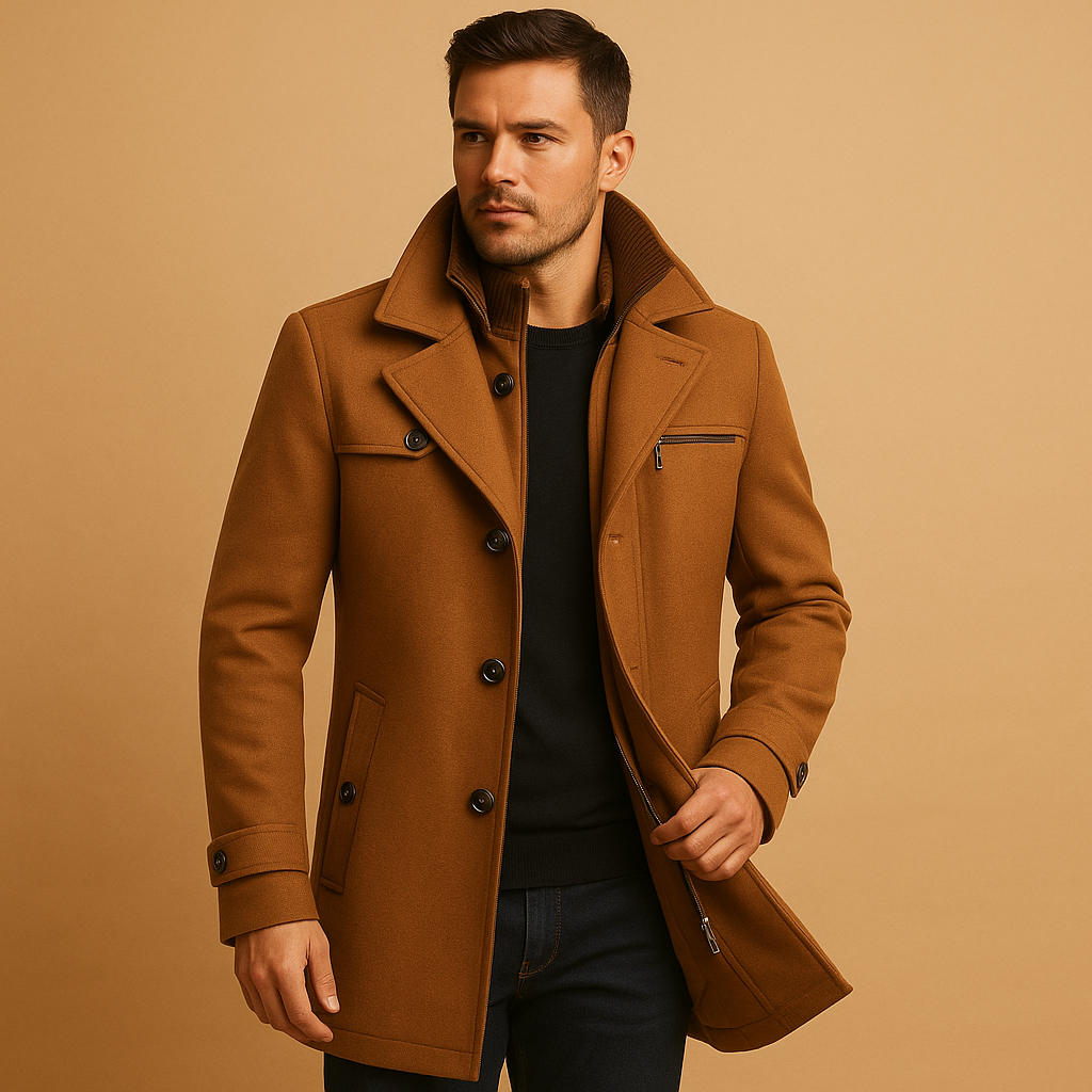 Men’s waterproof winter coat with adjustable cuffs and multiple pockets, designed for warmth and protection during cold and rainy days.