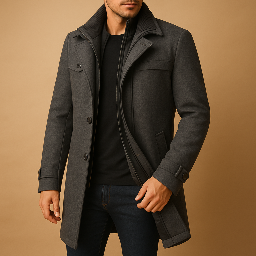 Men’s waterproof winter coat with adjustable cuffs and multiple pockets, designed for warmth and protection during cold and rainy days.