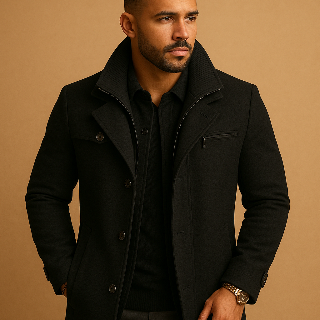Men’s waterproof winter coat with adjustable cuffs and multiple pockets, designed for warmth and protection during cold and rainy days.