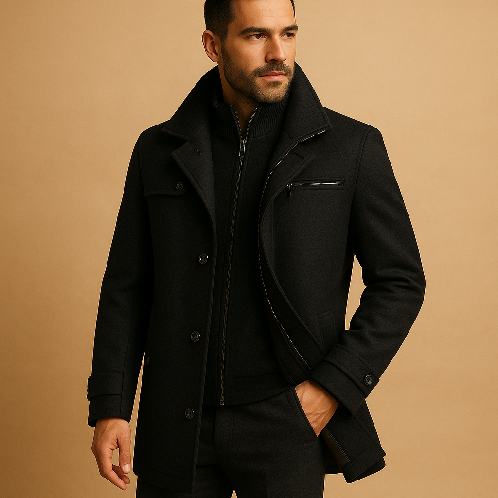Men’s waterproof winter coat with adjustable cuffs and multiple pockets, designed for warmth and protection during cold and rainy days.