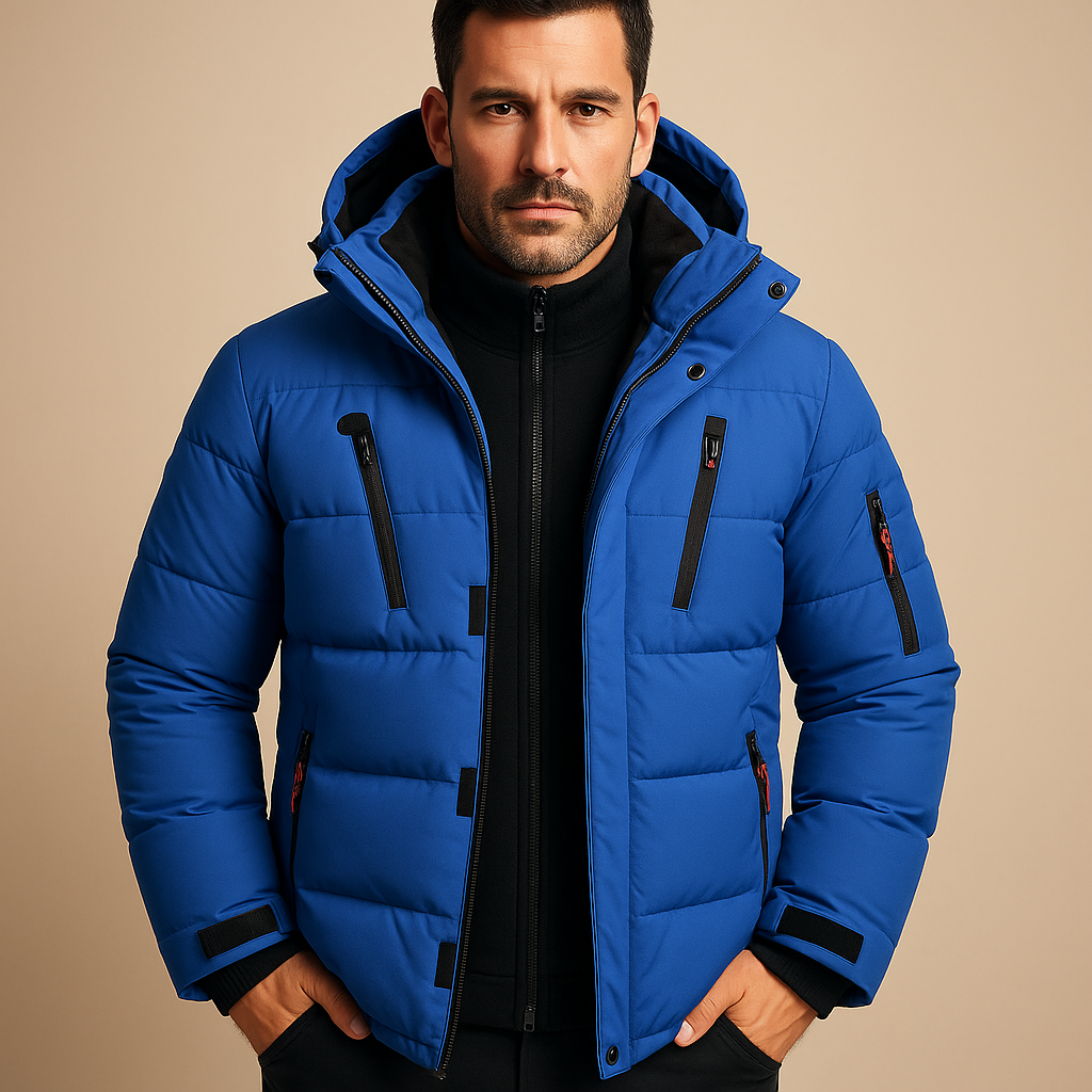 Men’s waterproof winter jacket with insulated lining and adjustable hood, perfect for outdoor activities and cold weather.