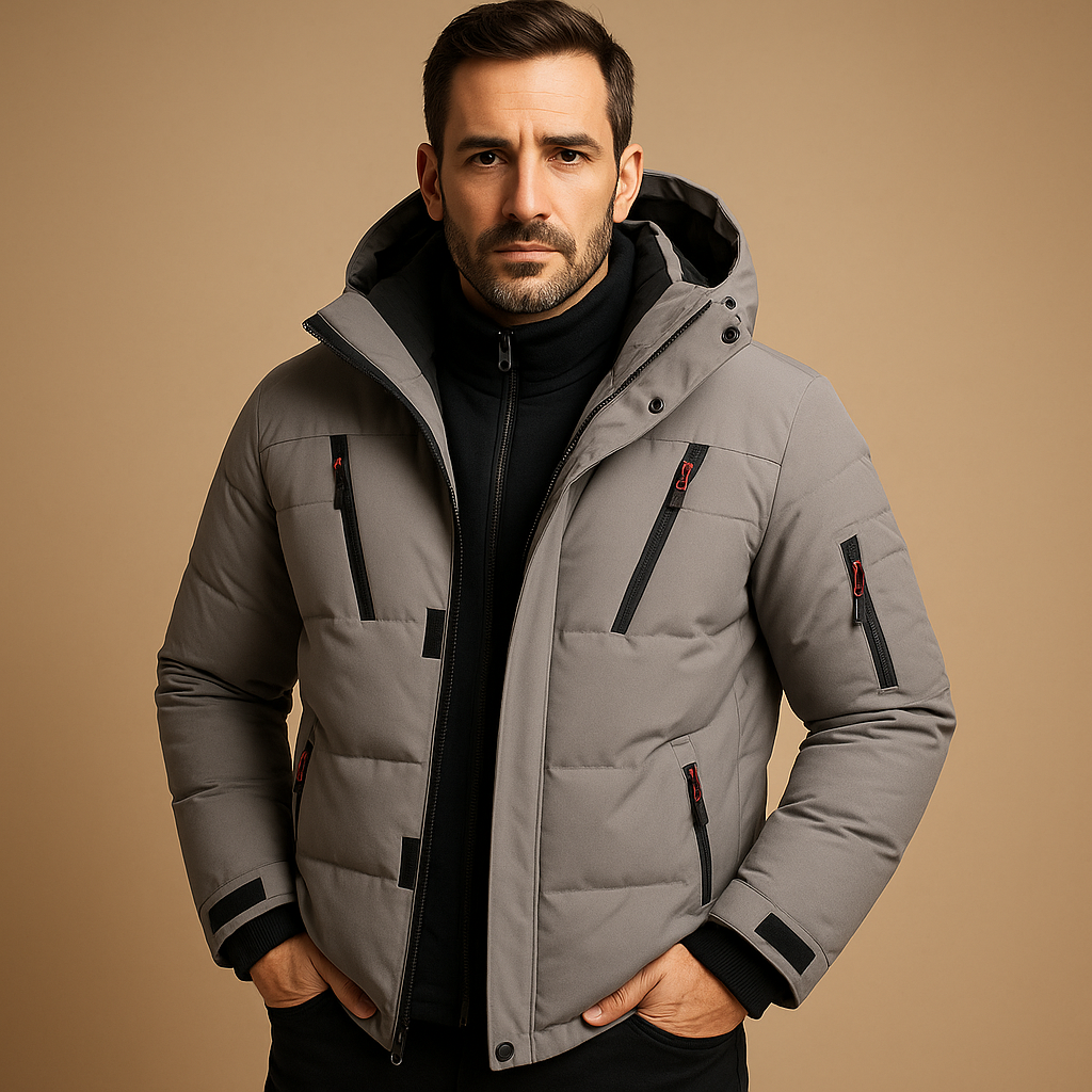 Men’s waterproof winter jacket with insulated lining and adjustable hood, perfect for outdoor activities and cold weather.