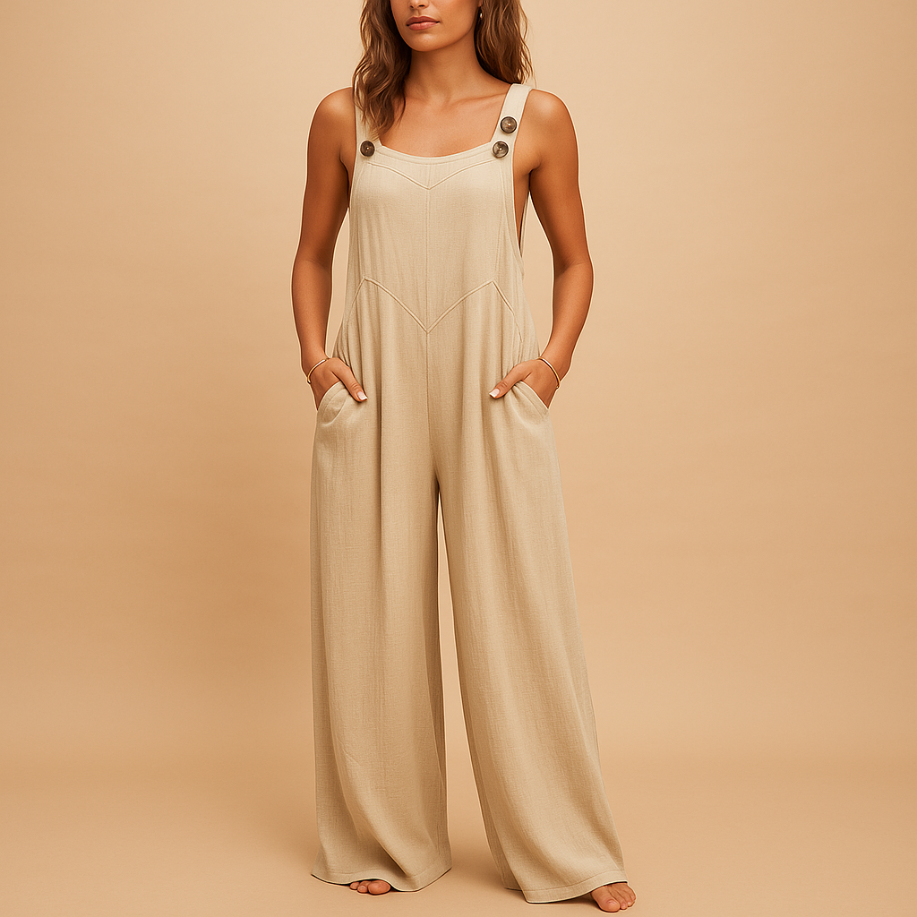 Wide-leg summer jumpsuit for women with high waist, button details, and side pockets, ideal for casual days and evening outings.