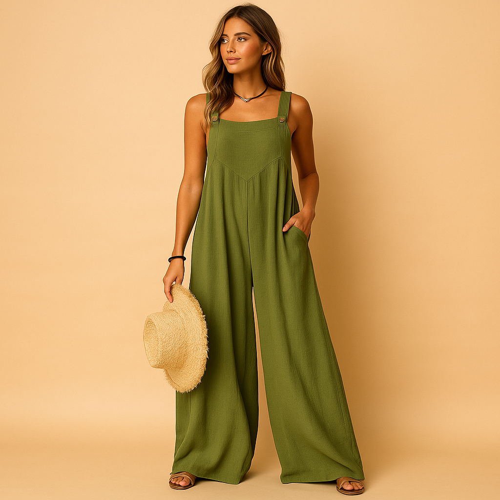 Wide-leg summer jumpsuit for women with high waist, button details, and side pockets, ideal for casual days and evening outings.