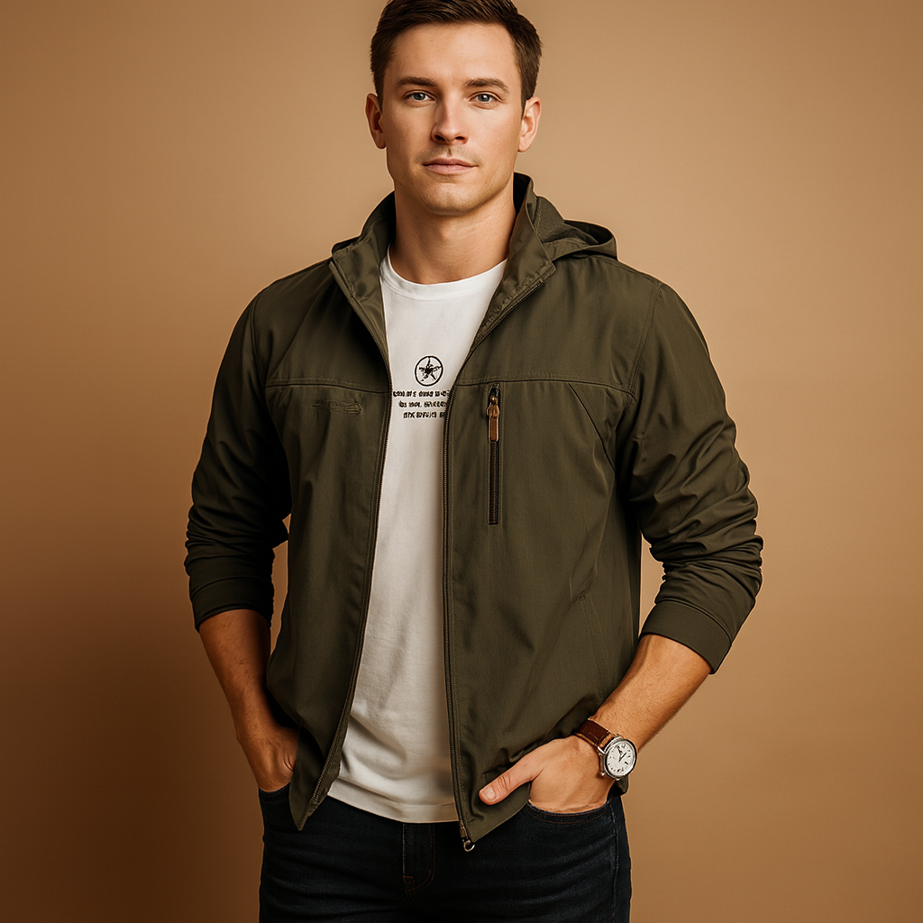 Men’s wind and waterproof jacket with military-inspired design, breathable fabric, and adjustable fit for outdoor and everyday wear.