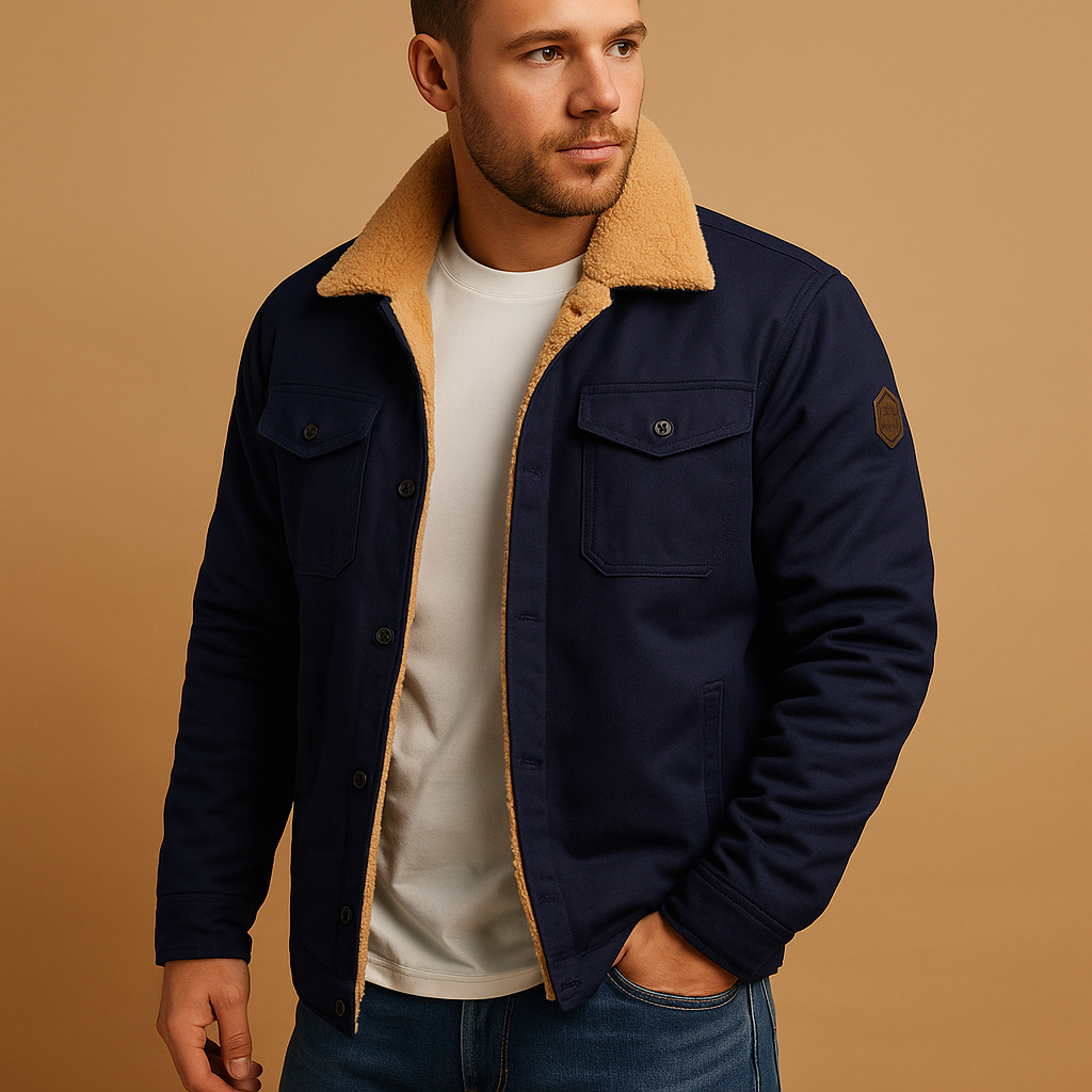 Men’s winter bomber jacket with ribbed hems and insulated lining, designed for comfort, warmth, and timeless casual style.