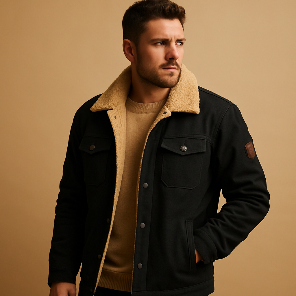Men’s winter bomber jacket with ribbed hems and insulated lining, designed for comfort, warmth, and timeless casual style.