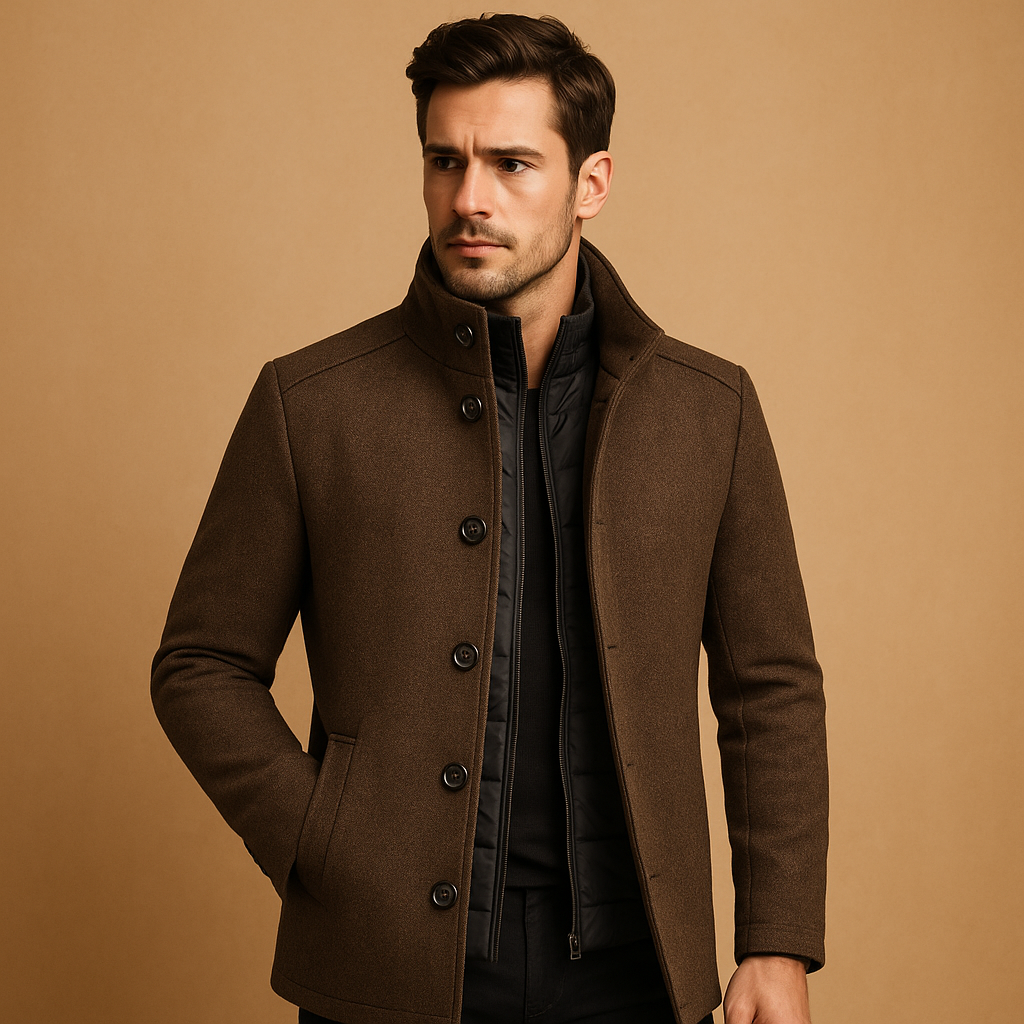 Elegant wool blend coat for men with mandarin collar and single-breasted fit, perfect for formal or everyday winter wear.