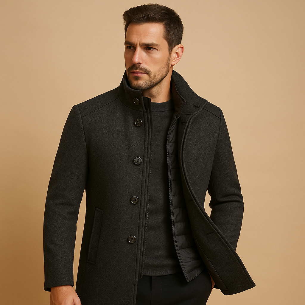 Elegant wool blend coat for men with mandarin collar and single-breasted fit, perfect for formal or everyday winter wear.