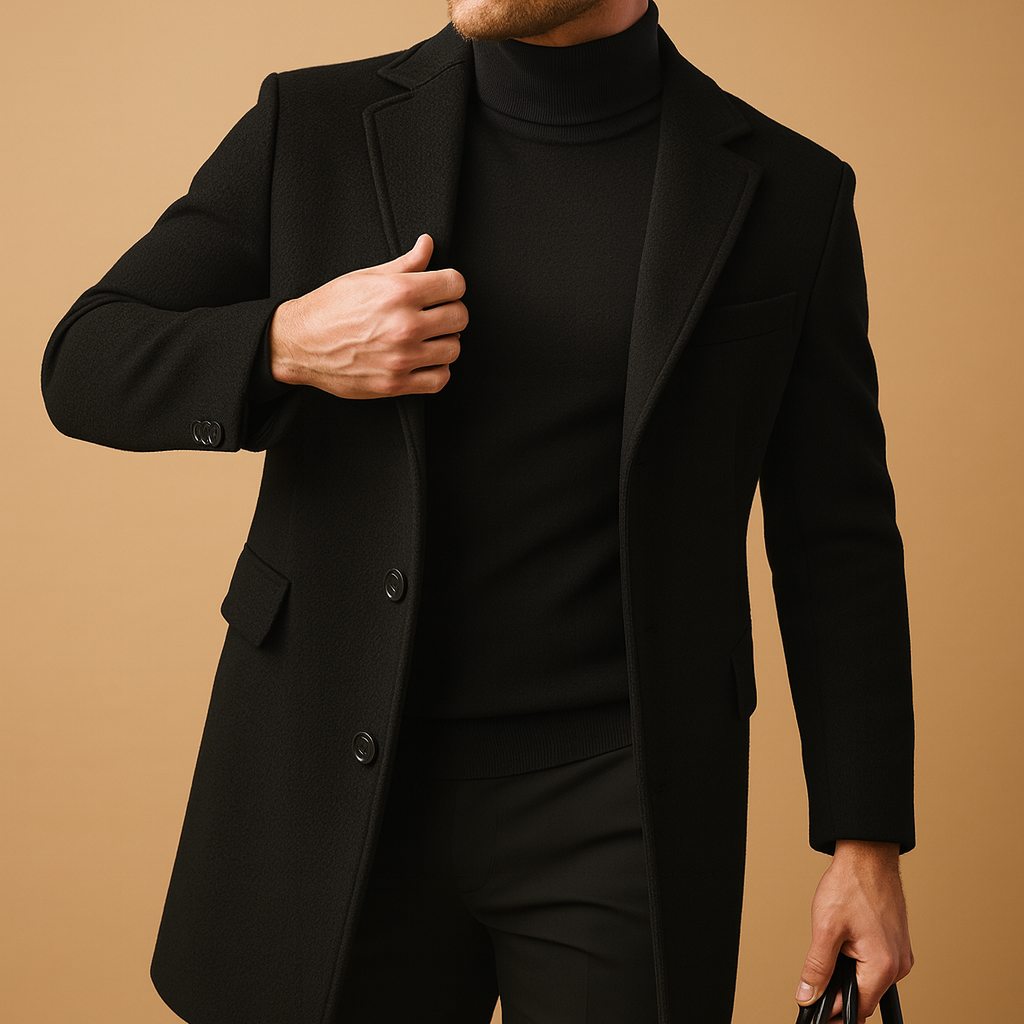 Elegant wool blend coat for men with relaxed fit and warm insulation, perfect for formal and everyday wear in autumn and winter.
