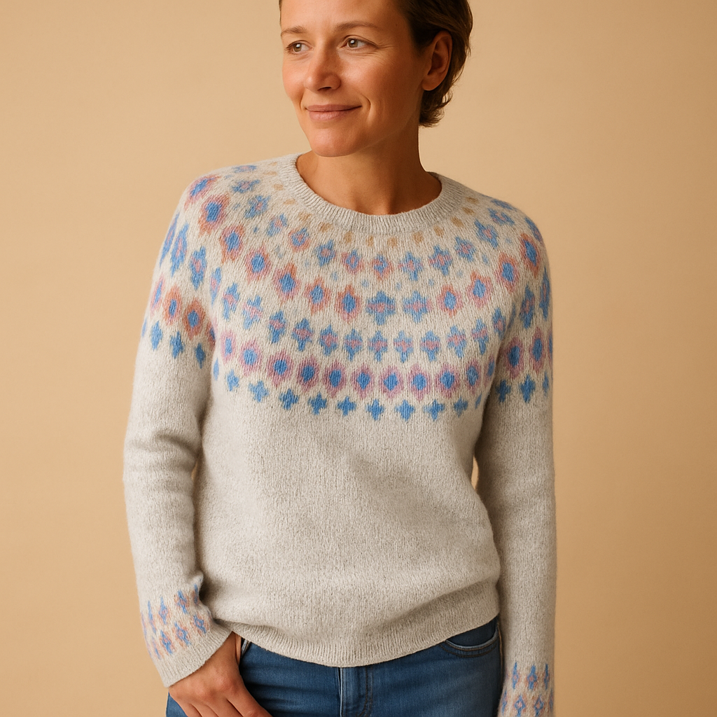 Wool blend sweater for women with unique print, classic fit, and soft fabric, available in Green, Blue, Grey, Pink, and White.
