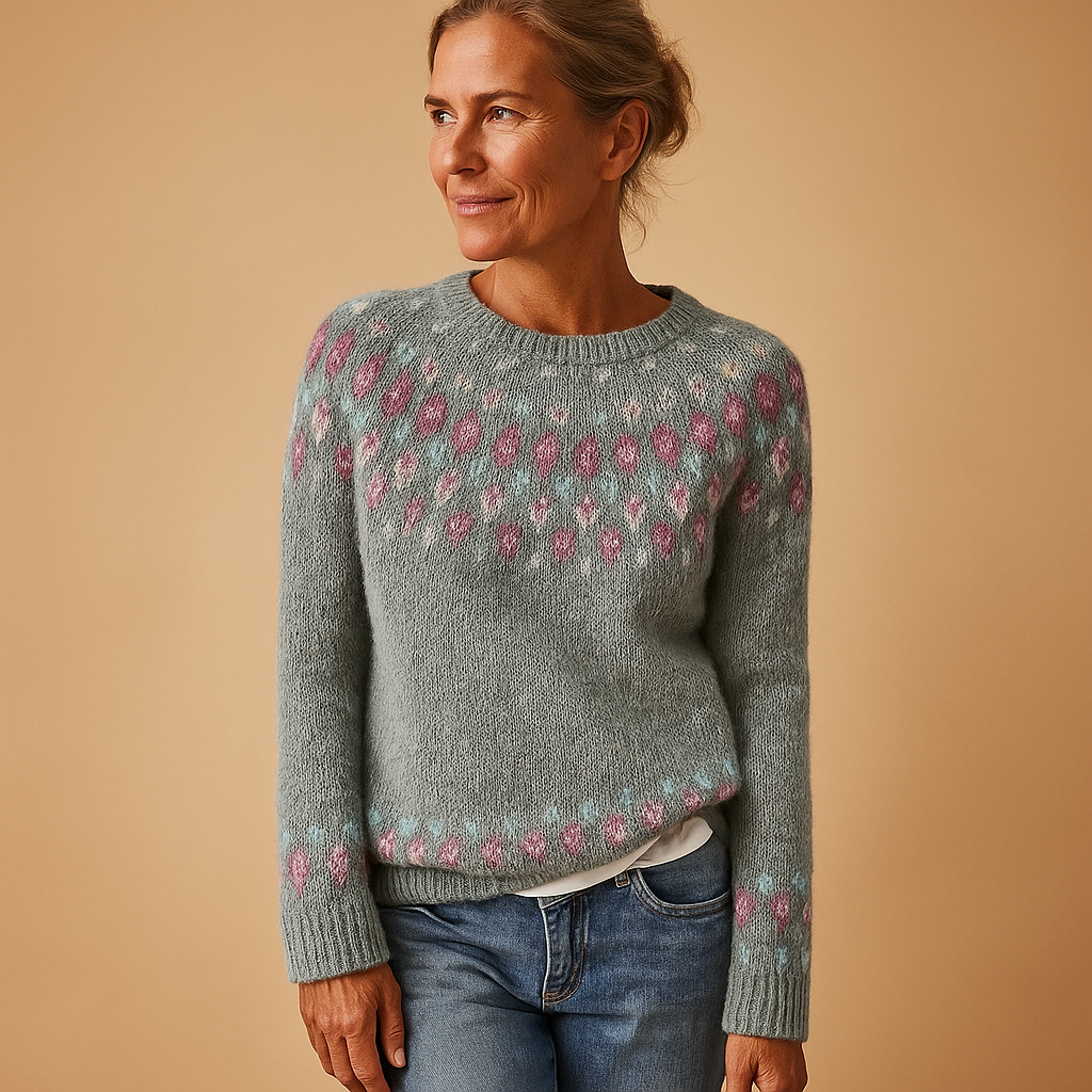Wool blend sweater for women with unique print, classic fit, and soft fabric, available in Green, Blue, Grey, Pink, and White.