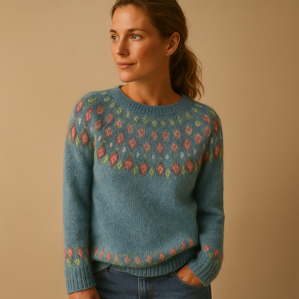 Wool blend sweater for women with unique print, classic fit, and soft fabric, available in Green, Blue, Grey, Pink, and White.