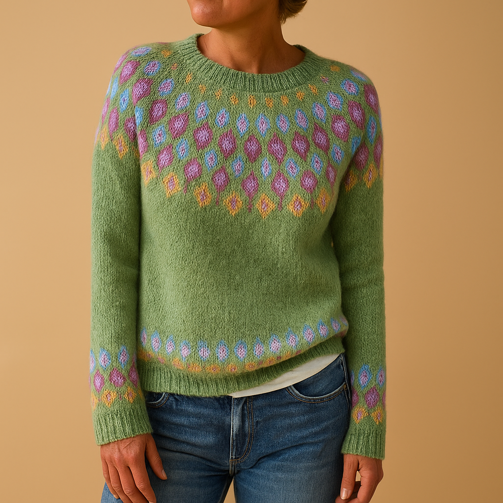 Wool blend sweater for women with unique print, classic fit, and soft fabric, available in Green, Blue, Grey, Pink, and White.