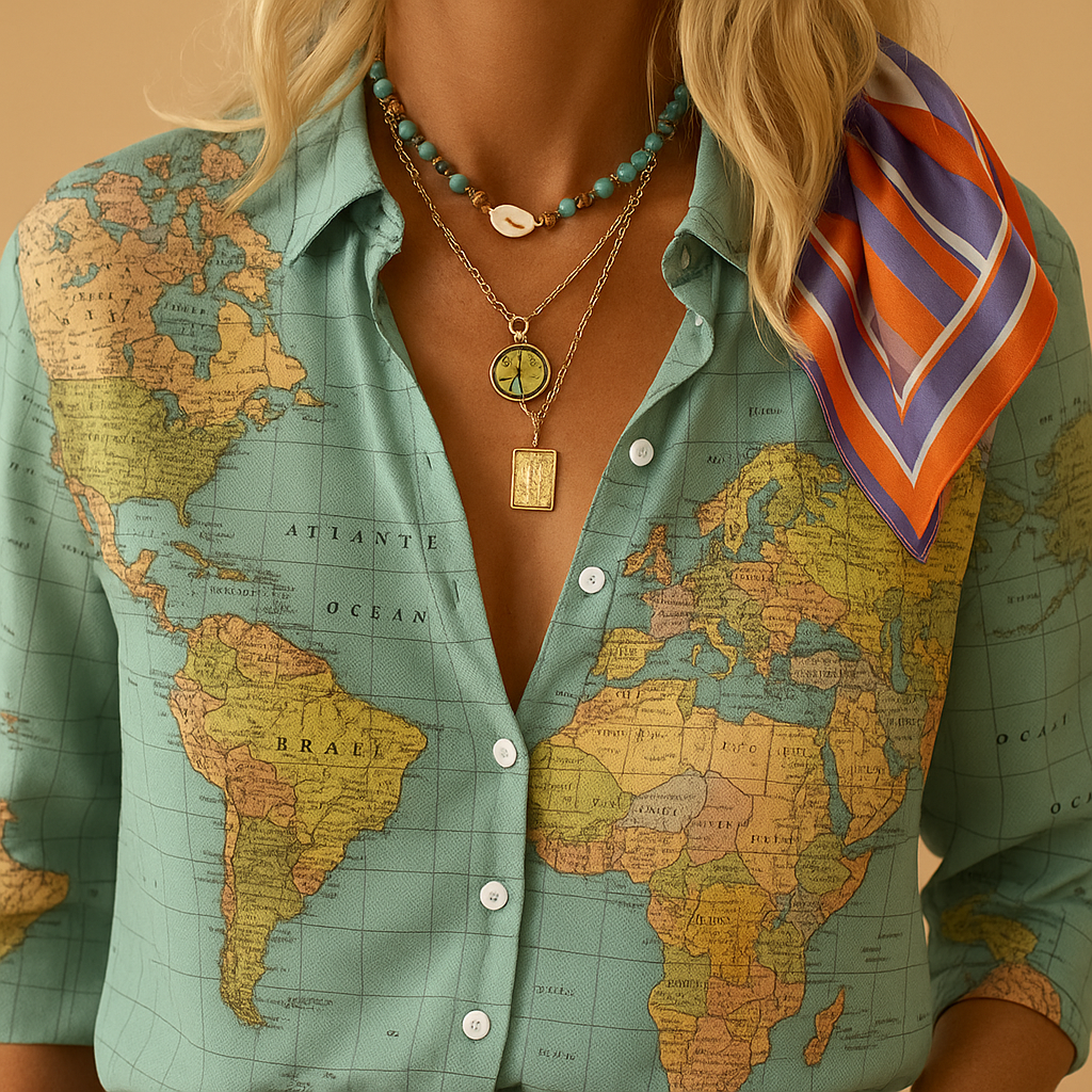 Women’s world map print blouse in green with half button closure, perfect for travel, casual wear, or elegant workdays.