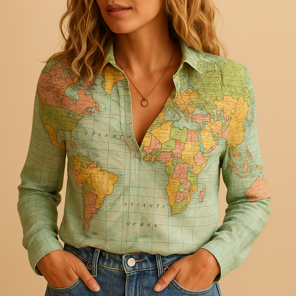 Women’s world map print blouse in green with half button closure, perfect for travel, casual wear, or elegant workdays.