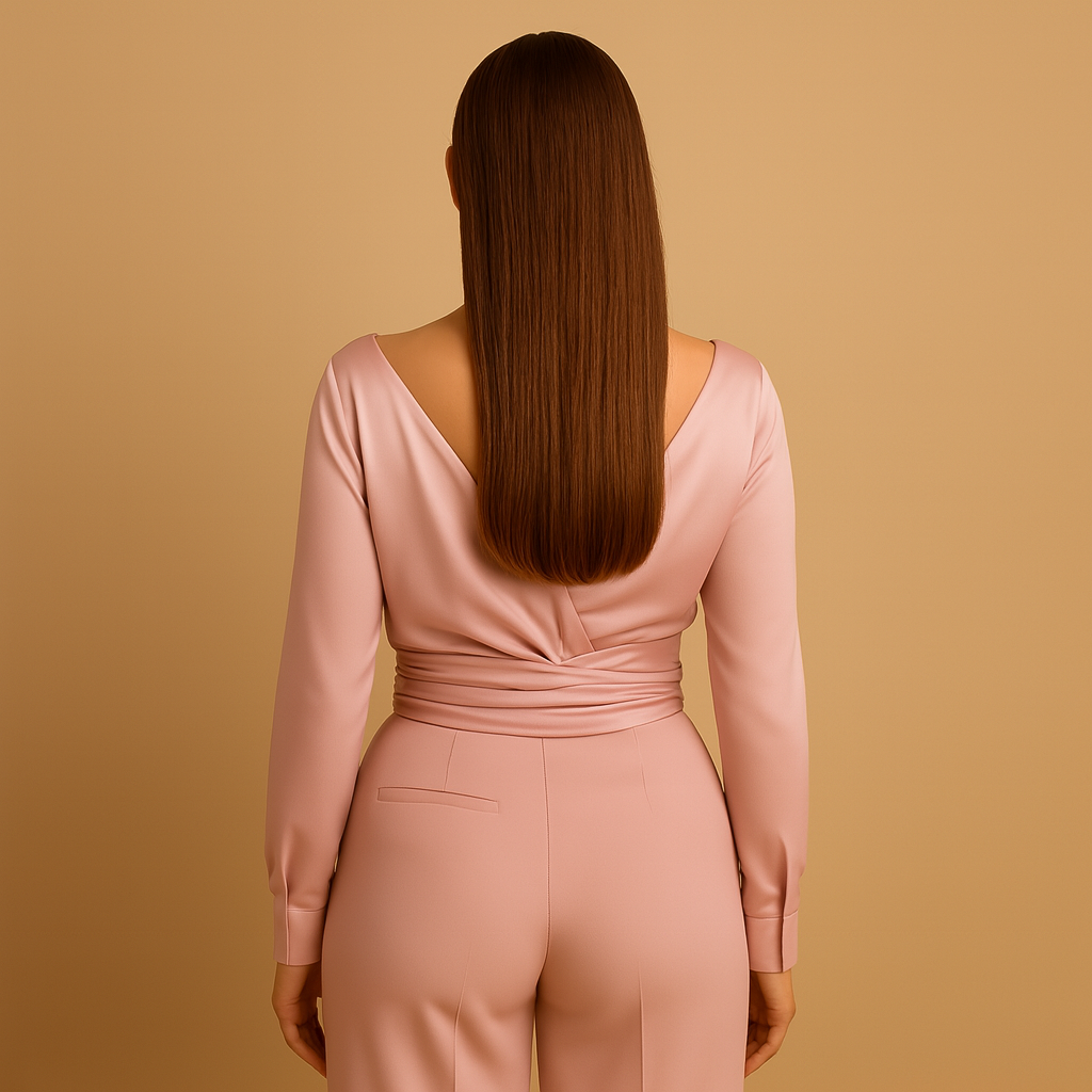 Women’s wrap blouse with adjustable waist tie and long sleeves, perfect for formal occasions or stylish everyday wear.