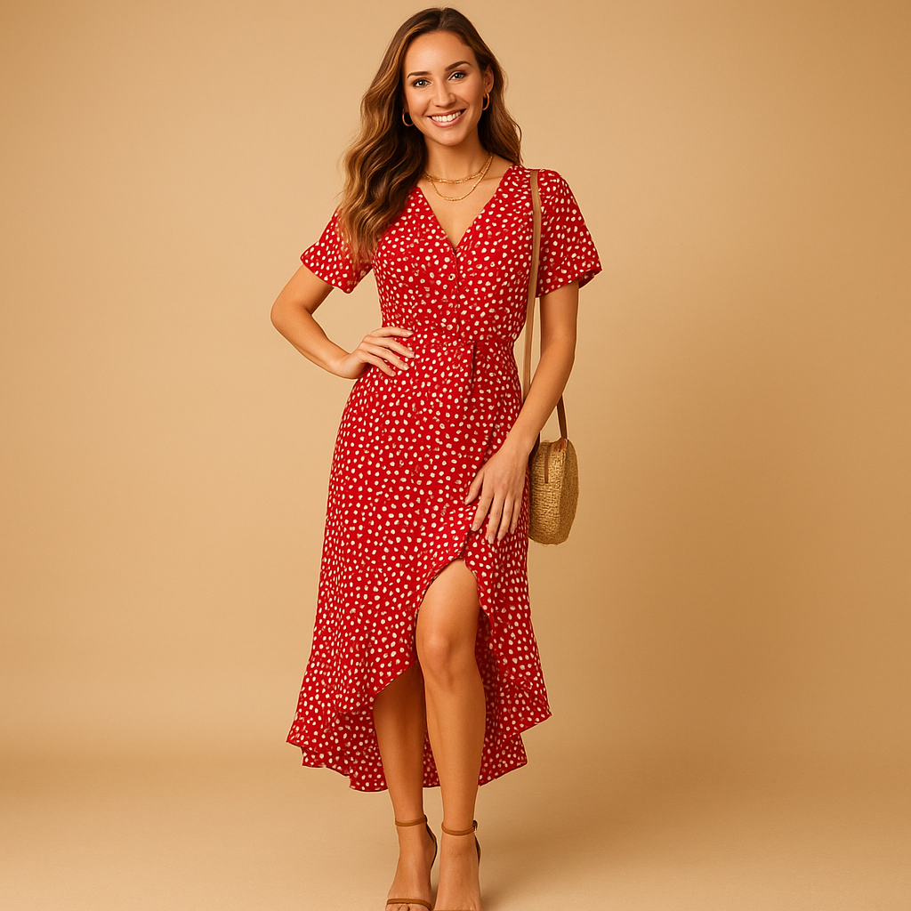 Wrap dress with V-neck for women named Aurora, featuring an adjustable waist, asymmetrical skirt, and playful print, ideal for summer, garden parties, or holidays.