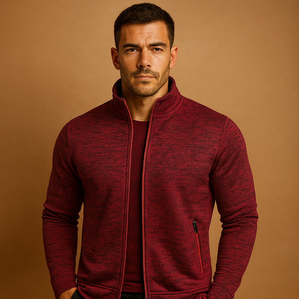 Men’s stylish wrinkle-free zip cardigan with hand-finished details and hidden zip pockets, designed for comfort and timeless elegance.