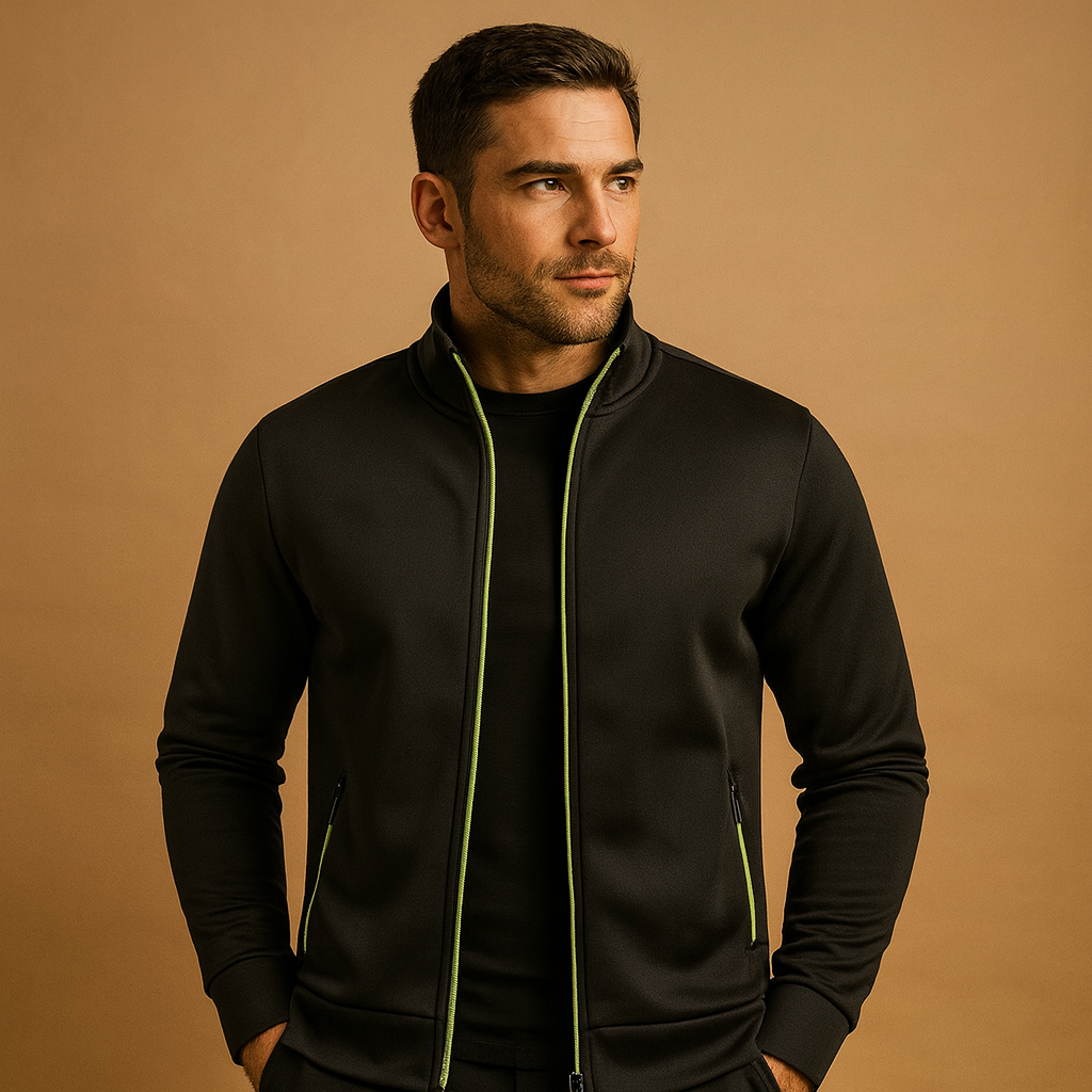 Men’s stylish wrinkle-free zip cardigan with hand-finished details and hidden zip pockets, designed for comfort and timeless elegance.