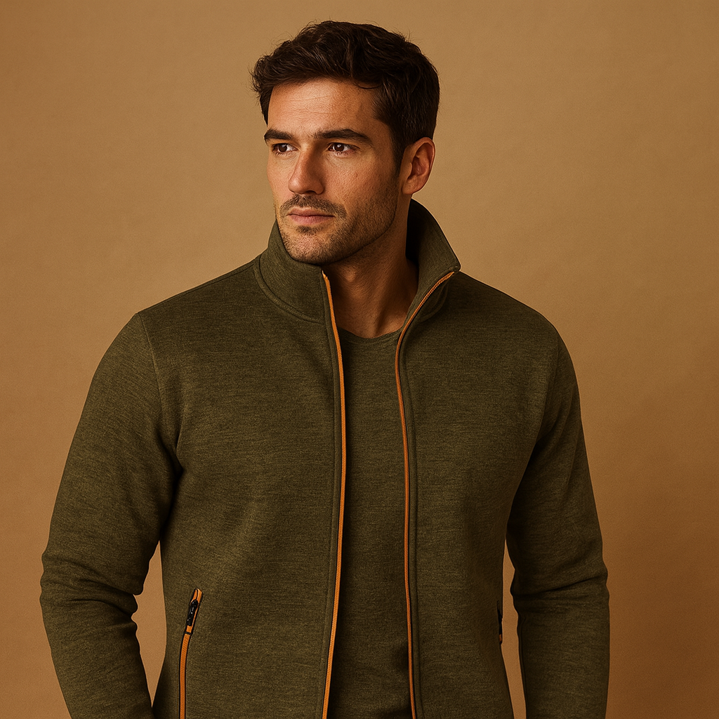 Men’s stylish wrinkle-free zip cardigan with hand-finished details and hidden zip pockets, designed for comfort and timeless elegance.