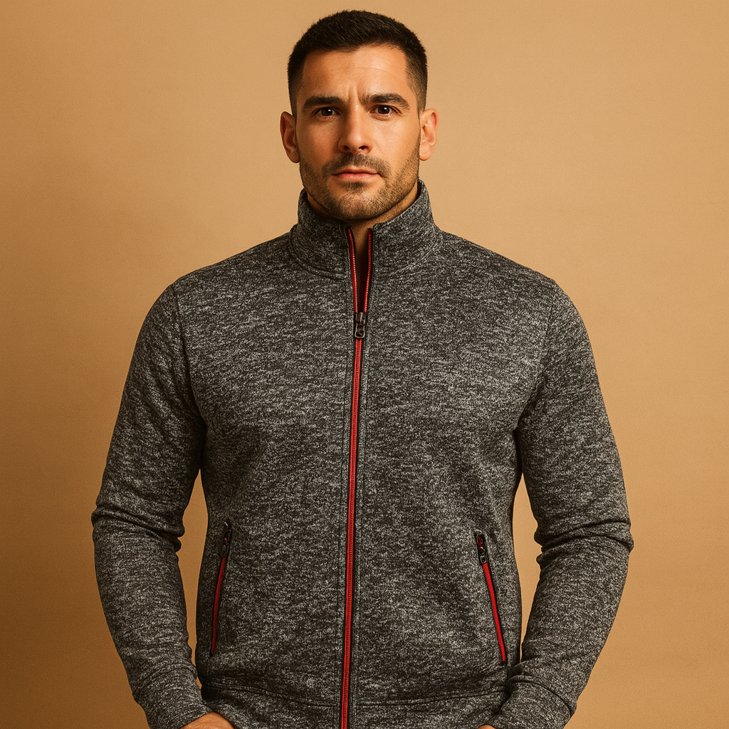 Men’s stylish wrinkle-free zip cardigan with hand-finished details and hidden zip pockets, designed for comfort and timeless elegance.