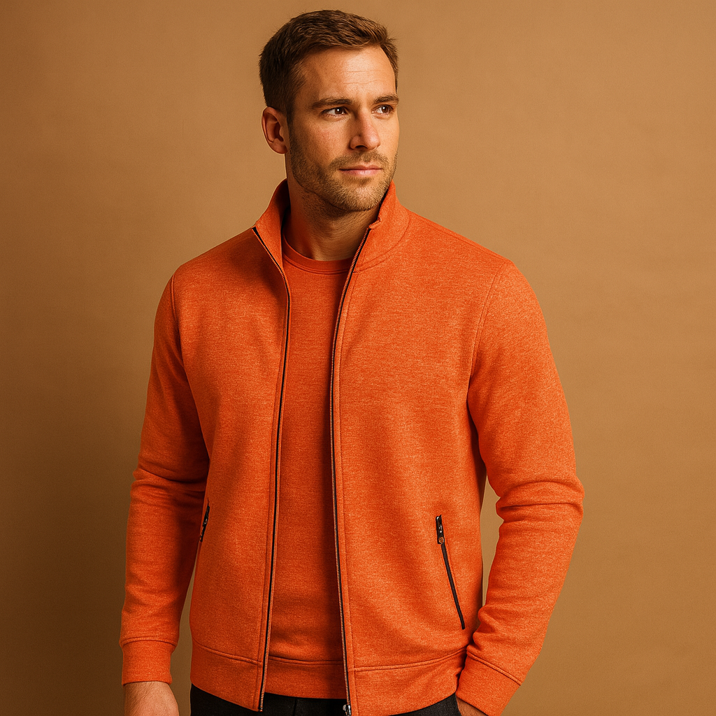 Men’s stylish wrinkle-free zip cardigan with hand-finished details and hidden zip pockets, designed for comfort and timeless elegance.