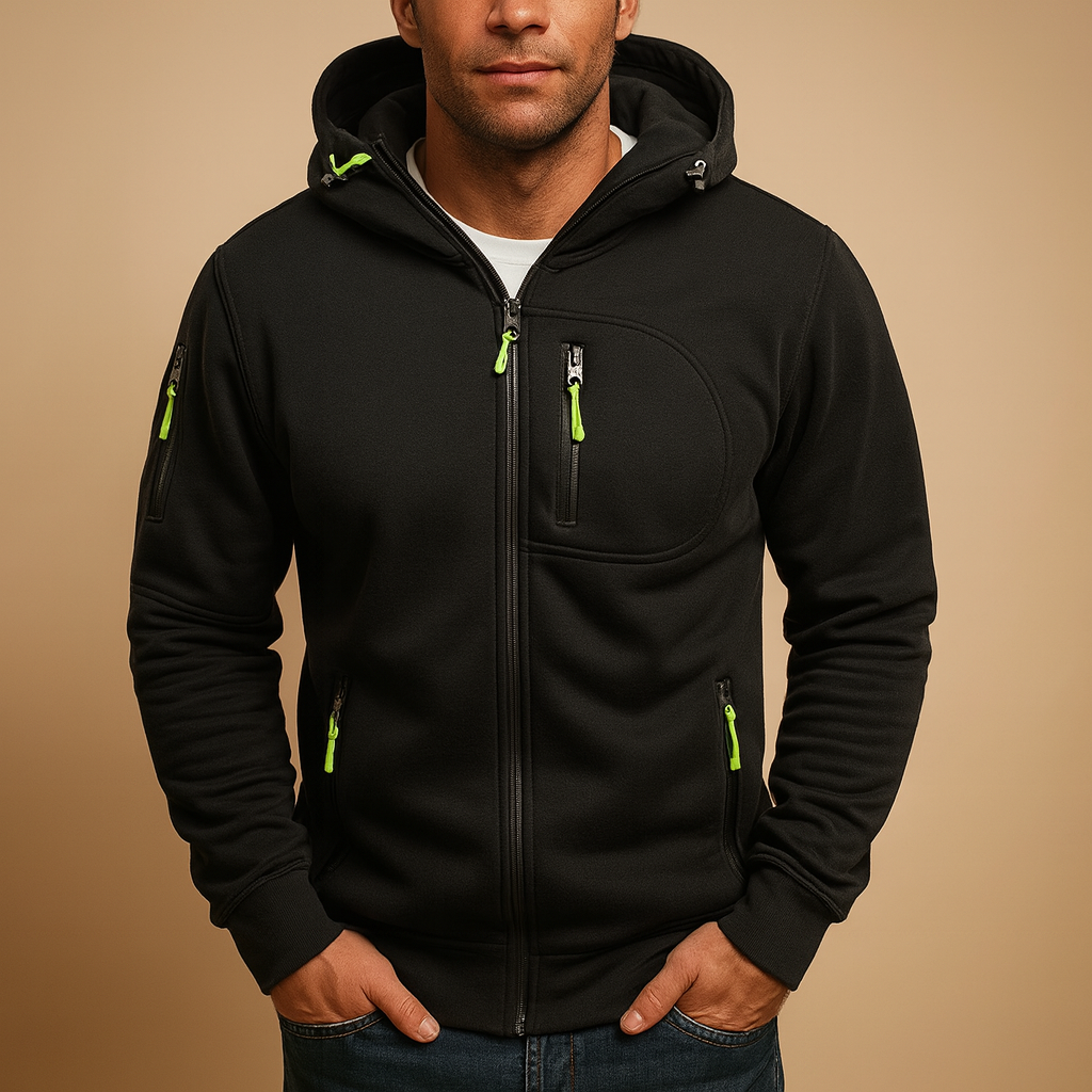 Men’s zip hoodie with adjustable hood in black, blue, grey, green, or white. Comfortable, breathable, and perfect for casual and sporty autumn outfits.