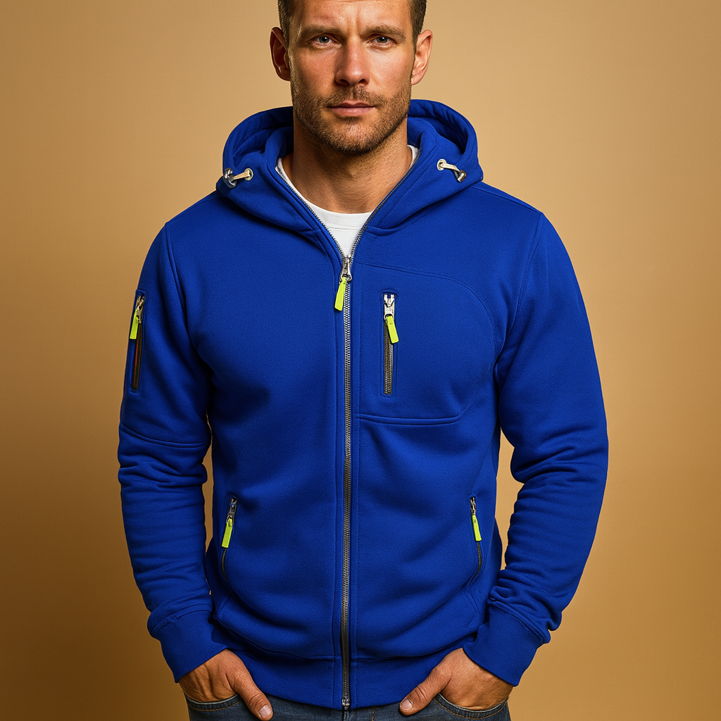 Men’s zip hoodie with adjustable hood in black, blue, grey, green, or white. Comfortable, breathable, and perfect for casual and sporty autumn outfits.