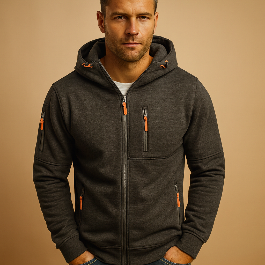 Men’s zip hoodie with adjustable hood in black, blue, grey, green, or white. Comfortable, breathable, and perfect for casual and sporty autumn outfits.